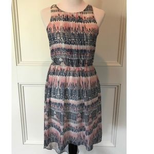 Navy and Pink Patterned High-Low Dress